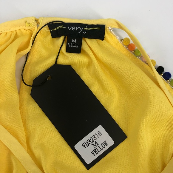NWT Very J Bright Yellow Pom-Pom Slip Dress - Picture 5 of 8